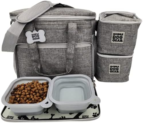 Mobile Dog Gear, Week Away Dog Travel Bag for Medium and Large Dogs, Includes 2 Lined Food Carriers and 2 Collapsible Dog Bowl, Meets Airline Requirements, Heathered Gray