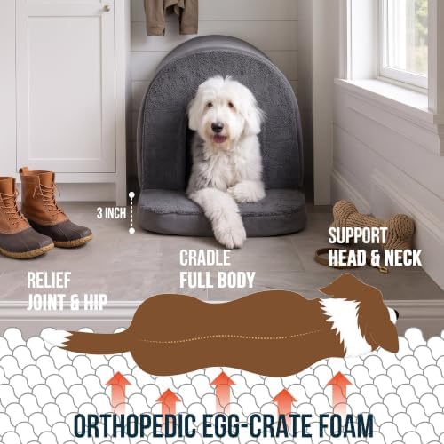 PELZIN Orthopedic Dog Bed with Cover Cave - Indoor Dog House with Porch