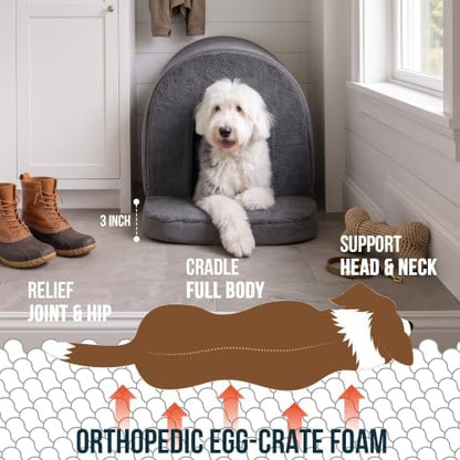 PELZIN Orthopedic Dog Bed with Cover Cave - Indoor Dog House with Porch