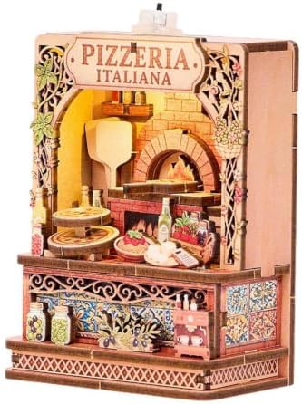 DIY Mini Wooden House Model Kit with LED Light, Magnetic Back Miniature Scene Decor, Compact Handmade Craft Ornament for Fridge Desktop Gift (Pizza)