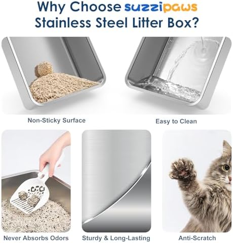 Suzzipaws XL Enclosed Stainless Steel Cat Litter Box for Big Cats