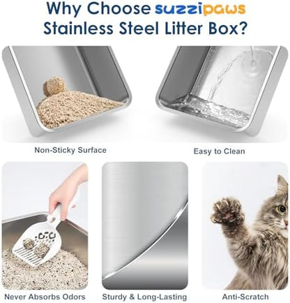 Suzzipaws XL Enclosed Stainless Steel Cat Litter Box for Big Cats