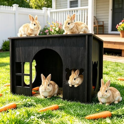 Large Sturdy Wooden Rabbit Castle Hideout with Spacious Balcony, Detachable Bunny Playhouse Hideaway Cage Accessories, Indoor Habitat Toys for Guinea Pig Chinchilla Hamster Gerbil Small Animals