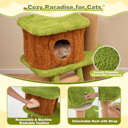 PETSITE 56-inch Forest-Themed Cat Tree, Multi-Level Cat Tower with 2 Cute Condos, Climbing Ladder, Teasing Ball, Sisal Posts, and Removable Cushion, Modern Cute Cat Tree for Indoor Cats