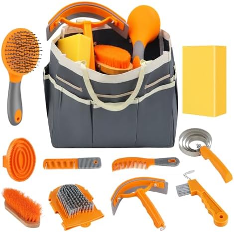 Horse Grooming Kit, 12-Piece Horse Brush Set with Storage Tote, Grey