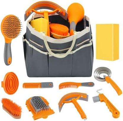 Horse Grooming Kit, 12-Piece Horse Brush Set with Storage Tote, Grey