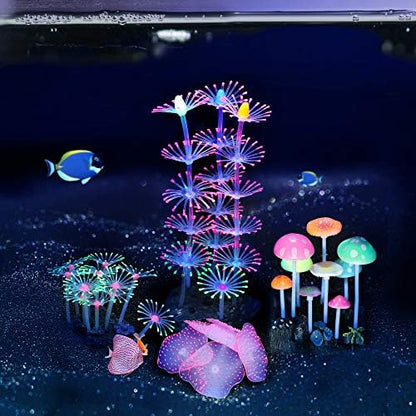 Lpraer 4 Pack Glow Aquarium Decorations Coral Reef Glowing Mushroom Anemone Simulation Glow Plant Glowing Effect Silicone for Fish Tank Decorations