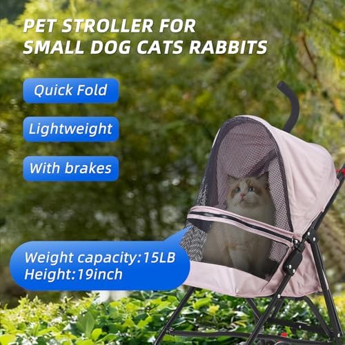 Pet Stroller Oxford Cloth Foldable Dog Strollers for Small Dogs and Cats Suitable for All Road Surfaces Wide-View Panoramic Window 4 Wheels with Brakes Portable Design, Easy to Store (Pink)