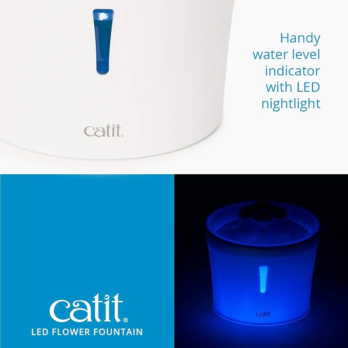 Catit LED Flower Fountain with Triple Action Filter, 3 L, Blue | Cat Drinking Water Fountain