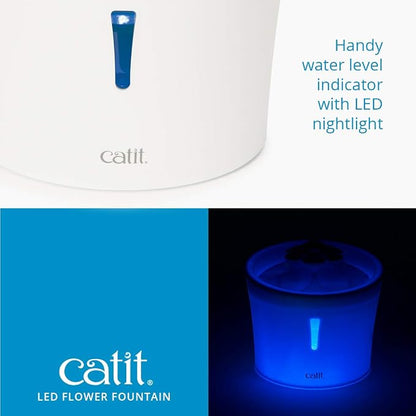 Catit LED Flower Fountain with Triple Action Filter, 3 L, Blue | Cat Drinking Water Fountain