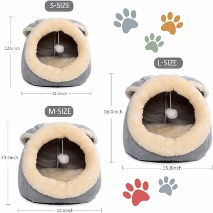 Cat Beds for Indoor Cats - Small Dog Bed with Anti-Slip Bottom, Rabbit-Shaped Cat/Small Dog Cave with Hanging Toy, Puppy Bed with Removable Cotton Pad, Super Soft Calming Pet Sofa Bed (Grey M)