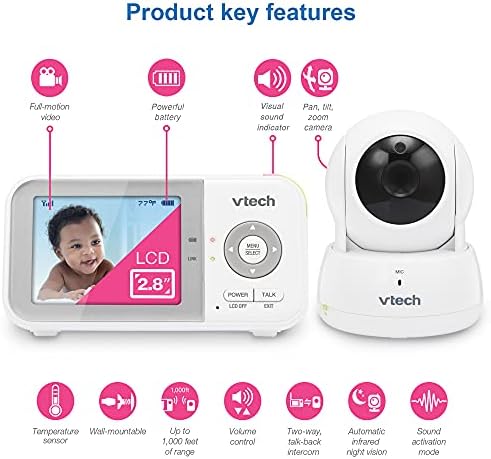 VTech Baby Monitor, No WiFi Secure Transmission – 19-Hour Battery, 2.8" Screen, Pan Tilt Zoom, Night Vision, 1000ft Range, Temperature Sensor, 2-Way Talk | VM923