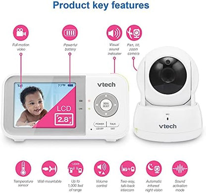 VTech Baby Monitor, No WiFi Secure Transmission – 19-Hour Battery, 2.8" Screen, Pan Tilt Zoom, Night Vision, 1000ft Range, Temperature Sensor, 2-Way Talk | VM923
