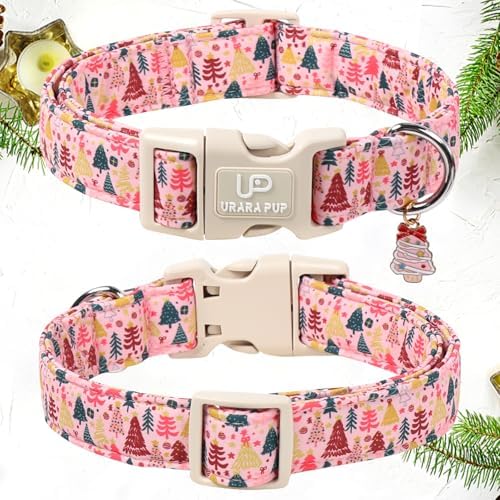 Christmas Dog Collar, Pink Christmas Tree for Dogs, Adjustable Pet Collar with Cute Xmas Tree Pendant, Festive Winter Dog Accessories for Small Medium Large Dogs XL
