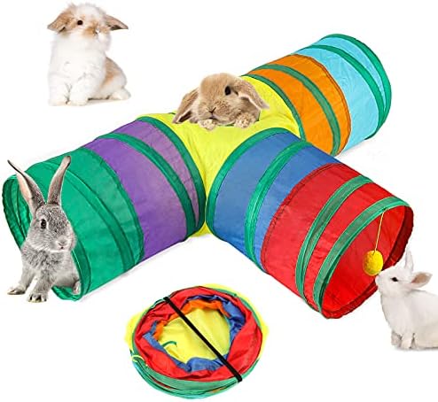 BWOGUE Bunny Tunnels & Tubes, 3-Way Collapsible Rabbit Hideout for Bunnies