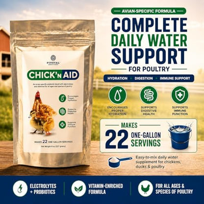 Pivotal Feeds Chick’n Aid Poultry Supplement 8 oz (Pack of 2) – Electrolytes, Probiotics & Vitamins for Chickens, Ducks & Turkeys | Supports Hydration, Gut Health & Immune Function | Made in USA