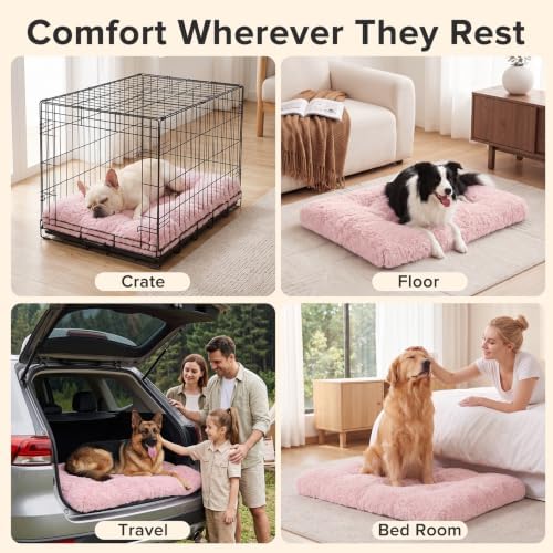 JOEJOY Large Dog Bed Crate Pad, Deluxe Plush Washable Dog Beds Fulffy Soft Kennel Pad Anti-Slip Pet Sleeping Mat for Extra Large Medium Small Dogs, 40" x 27", Pink