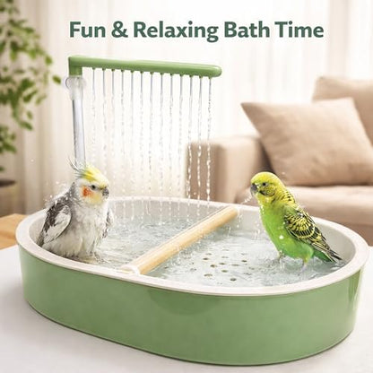 Indoor Bird Bath Fountain, Dual Rainfall Parrot Shower with Anti-Clog Pump & Filter Sponge, Adjustable Water Flow, Natural Beech Wood Perch, Bird Shower Spa for Parakeet, Cockatiel, Lovebird
