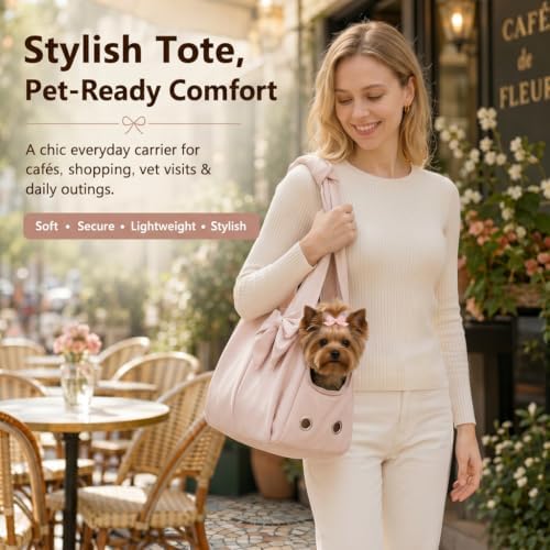 Fashion Dog Purse Carrier for Small Dogs, Soft-Sided Dog Bag Carrier with 4 Large Pockets, No Collapse, Lightweight, Smart Zipper Lock, Comfortable Puppy Cats Rabbit Carrier for Travel, Outdoor(Pink)