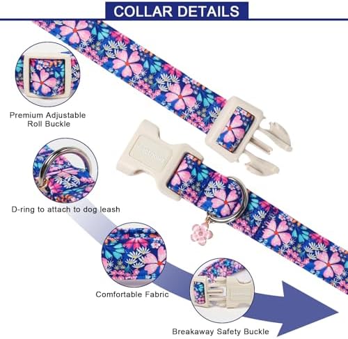 Lionet Paws Floral Dog Collar Spring Summer Daisy Cosmos Bipinnatus Collars with Pink Cherry Blossom Pattern - Female Girl Dog Collar for Small Medium Large Dogs M