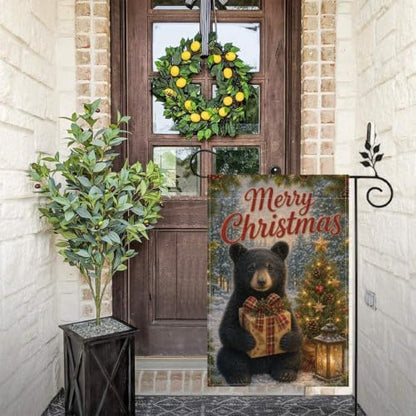 Christmas Black Bear Garden Flag 12x18 Inch Merry Holiday Cub Gift Tree Lantern Snowy Forest Rustic Farmhouse Outdoor Yard Lawn Porch Double Sided Banner Winter Welcome Decor