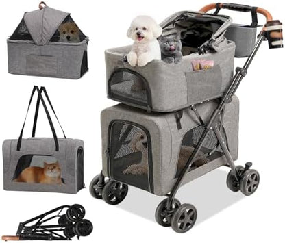 Double Pet Stroller with Detachable Carriers, Dog Stroller for Medium Dogs 20 lb, Foldable Dog Stroller for 2 Dogs,Easy Assembly Cat Stroller for 2 Cats with Cup Holder and Storage Bag for All-Terrain