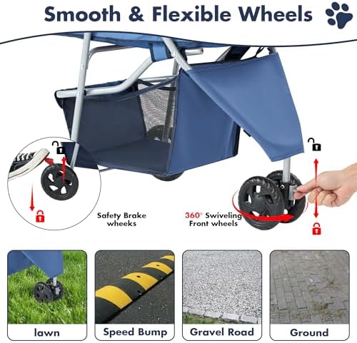 Sweetcrispy 3 Wheels Pet Stroller for Small Dogs and Cats – Foldable Dog Stroller with Mesh Windows, Storage Basket & Cup Holder, Lightweight & Durable Pet Carrier for Travel, Outdoor Use, Blue
