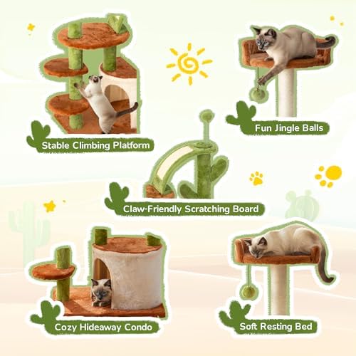Cactus Cat Tree for Indoor Cats, 36" Multi-Level Cat Tower with Sisal Scratching Posts, Stable Cat Condo with Perches and Steps, Brown