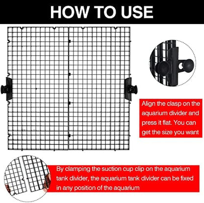 18Pcs Aquarium Fish Tank Divider Plastic Egg Crate Aquarium Filter Bottom Tray Grid Isolation Board Partition Net Pane Separator for Mixed Breeding Light Diffuser 24Pcs Sucker Clips Suction Cups,Black