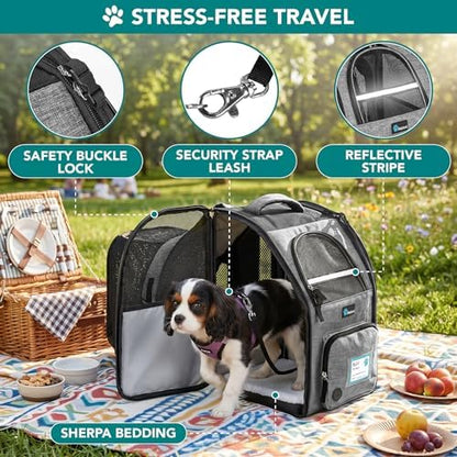 PetAmi Expandable Dog Backpack Carrier for Cats & Pets, Breathable Cat Carrier Backpack with Top Window & Multi-Entry, Ventilated Foldable Travel Carrier for Small Medium Pets up to 18 lbs, Light Gray