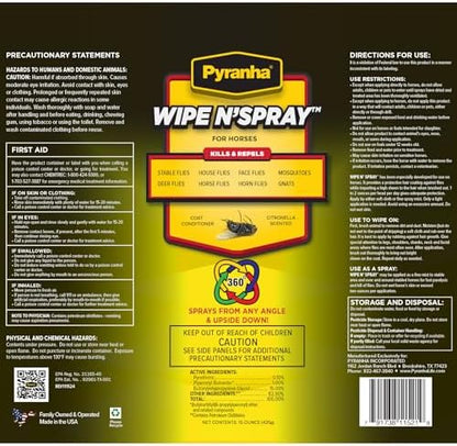 PYRANHA Wipe N' Spray for Horses - Oil-Based Long Lasting Fly Control Repels Horn, Deer, Horse, House, Stable, & Face Flies, Ticks, Mites, Mosquitoes, Gnats & Lice, 15 Oz