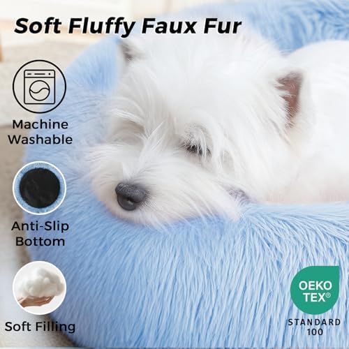 Calming Round Dog Bed & Cat Bed with Anti-Slip Bottom, Medium Size Washable Anti-Anxiety Donut Dog Beds for Small Dogs & Cats, Fluffy Plush Soft Dog Bed(24 Inch, Light Blue)