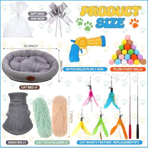 Zopeal 59 Pcs Cat Gift Set Bed Sweater Feather Wand Toy Launcher Gun