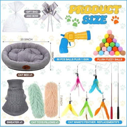 Zopeal 59 Pcs Cat Gift Set Bed Sweater Feather Wand Toy Launcher Gun