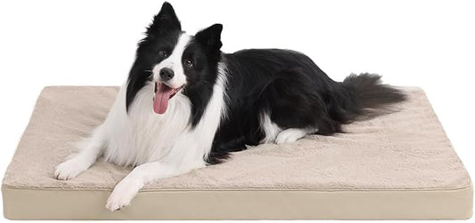KSIIA Orthopedic Dog Bed Crate Waterproof Pet Mats for Large Dogs Deluxe Plush Washable Pet Bed with Egg Crate Foam & Removable Cover, 35 x 22 Inch, Khaki