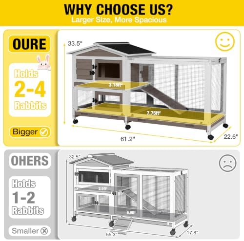 Aivituvin Rabbit Hutch 62" Rabbit Cage Indoor Outdoor Chicken Coop Guinea Pig Cage on Wheels Bunny Cage with 3 Deep No Leakage Pull Out Tray,Waterproof Roof (Brown)