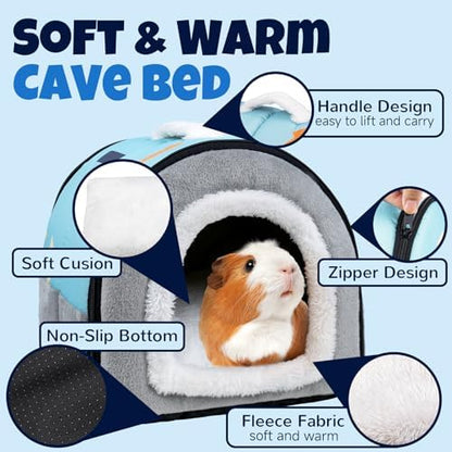 Pet Soft Guinea Pig Hideout, Washable Guinea Pig Bed Cozy Small Animals House Cave Accessories for Rabbits Hamster Rats Chinchilla (Blue&Grey)