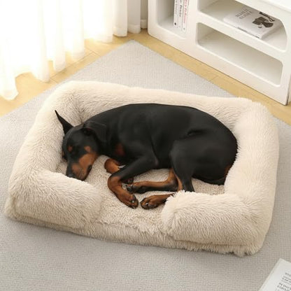 Orthopedic Dog Bed for XXL Dogs - Washable Memory Foam Pet Sofa, Fluffy Plush Rectangular Bed, Waterproof Anti-Anxiety Couch, Light Brown, XXL