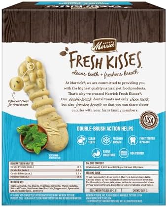 Merrick Fresh Kisses Natural Dental Chews Toothbrush Treat Shape Infused With Real Mint For Tiny Dogs 5-15 Lbs - 78 ct. Box