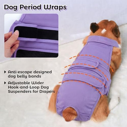 QBLEEV Dog Diapers with Suspenders, Female Escape-Proof Full Body Dog Period Diapers Overalls, Reusable Washable Sanitary Panties for Heat Cycle & Incontinence, Doggie Underwear Onesie with Tail Hole