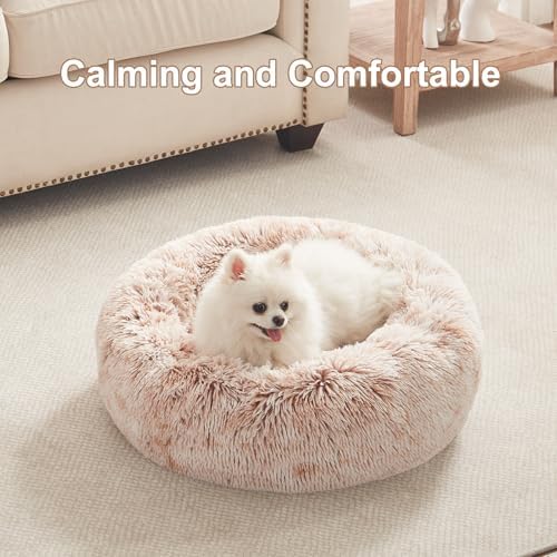 23 inches Faux Fur Fluffy Donut Dog Bed for Small Dogs,Brown