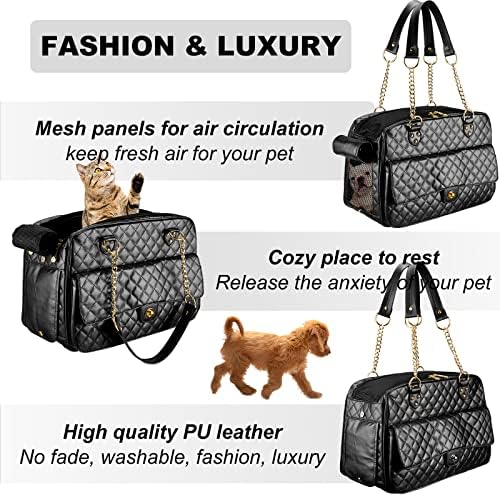Fashion Dog Purse Carrier for Small Dogs with Large Pockets, Holds Up to 8lbs Quality PU Leather Pet Carrier, Cat Carrier, Airline Approved Puppy Purse Carrier for Travel (Black, Small Size)