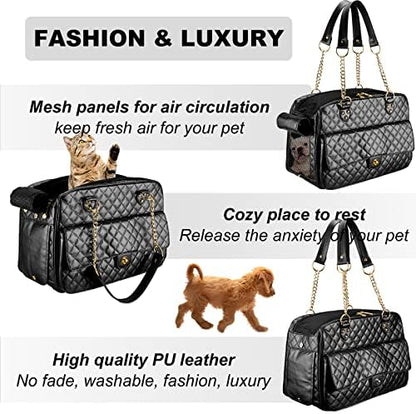 Fashion Dog Purse Carrier for Small Dogs with Large Pockets, Holds Up to 8lbs Quality PU Leather Pet Carrier, Cat Carrier, Airline Approved Puppy Purse Carrier for Travel (Black, Small Size)