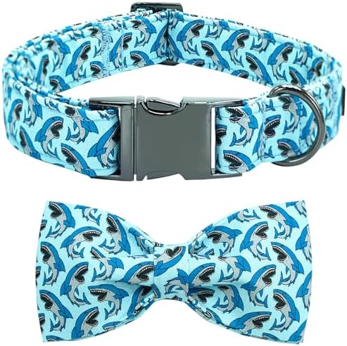 Dog Collar-Shark Print Adjustable Cute Pet Collar Soft Blue Dog Collars with Bow Tie Durable Cotton Metal Buckle Puppy Collar Gift for Large Dogs