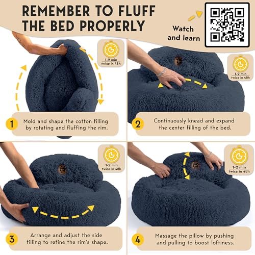 PetJett Dog Beds Large Sized Dog - 36'' Calming Round Bed, Washable Dog Bed - Anti-Slip Super Soft Donut Bed, Fluffy Faux Fur Anti-Anxiety Premium Comfort Pet Bed, Fits Dogs up to 80 lbs - Dark Grey