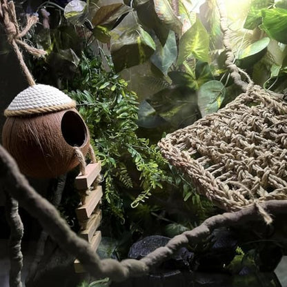 Leopard Gecko Coconut Hut with Ladder,Grested Gecko Coco Den Lizards Hanging Coconut Shell Hideout Cave Reptiles Tank Accessories Climbing Hanging Plants Jungle Vine Flexible Leaves Decor