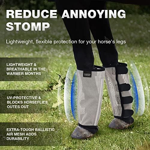 Harrison Howard Loose Fitting Fly Boots UV-Protective Extra Tough Mesh Ventilated Four Fasteners Stay-on Design Protect Horse Legs & Stomp-Reducing Set of 4 Silver Grey Mini