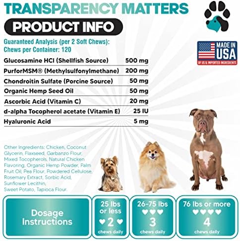 Glucosamine for Dogs Hip and Joint Supplement, 120 Soft Chews with Hemp
