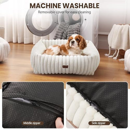 Washable Dog Bed for Small Medium Dogs, Rectangle Orthopedic Pet Bed with Removable Cover, Fluffy Memory Foam Dog Beds with Anti-Slip Bottom, Cream (25x21x7 inches)