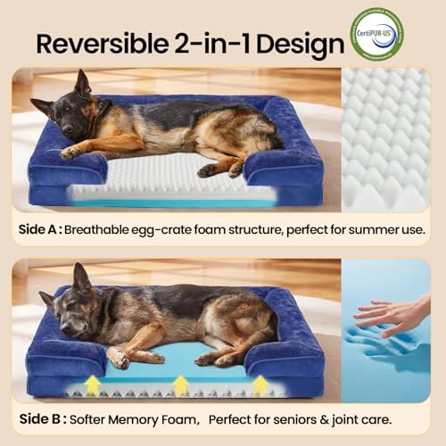 OhGeni Orthopedic Extra Large Dog Bed Couch, Memory Foam, 44-inch (Blue)